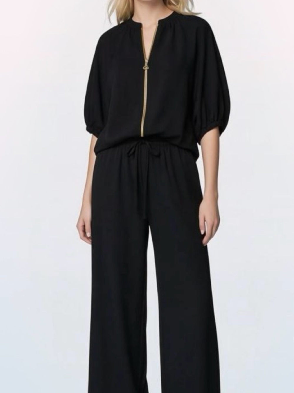 NWOT black lounge set. Wide leg pants and gold zip 3/4 sleeve top - Picture 2 of 8